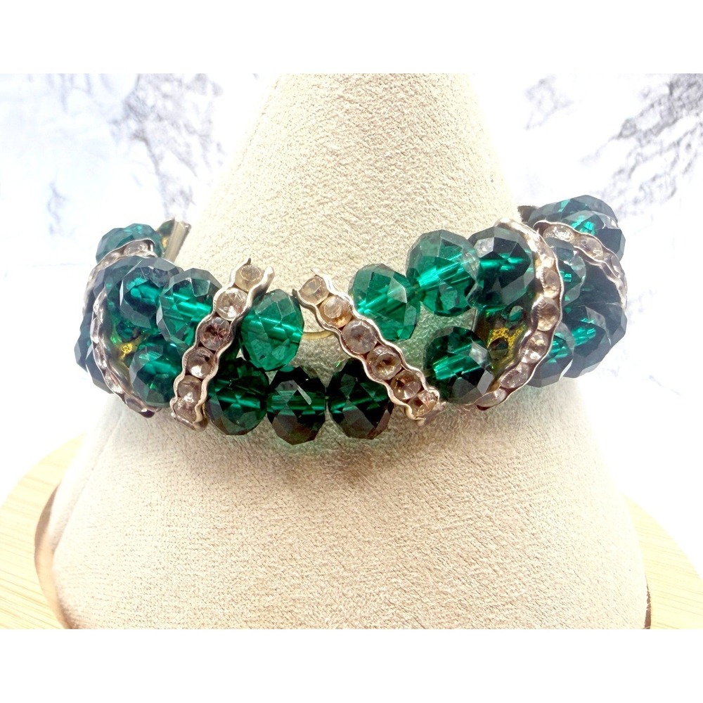 Emerald Green Glass Bead Rhinestone Multistrand Stretch Bracelet 6.5 Inch